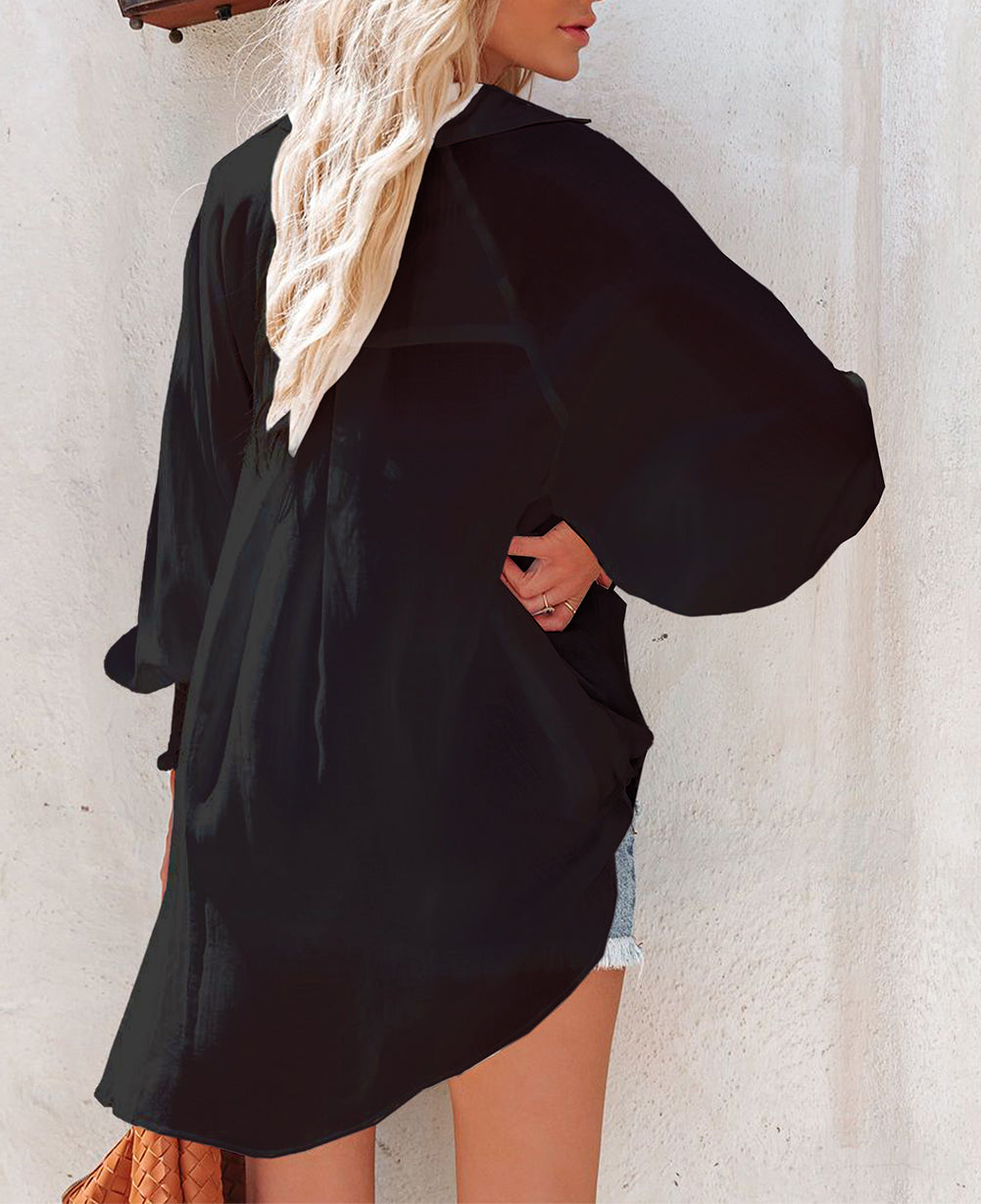 Shirred Cuffs Bubble Sleeve Oversized Shirt