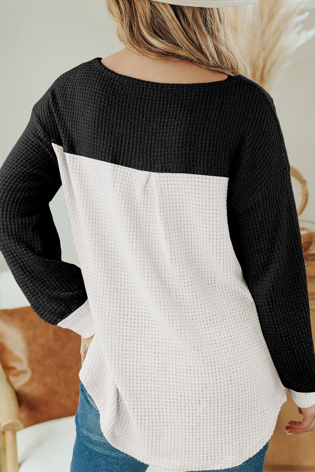 Contrast Color Waffle Knit Long Sleeve Top
