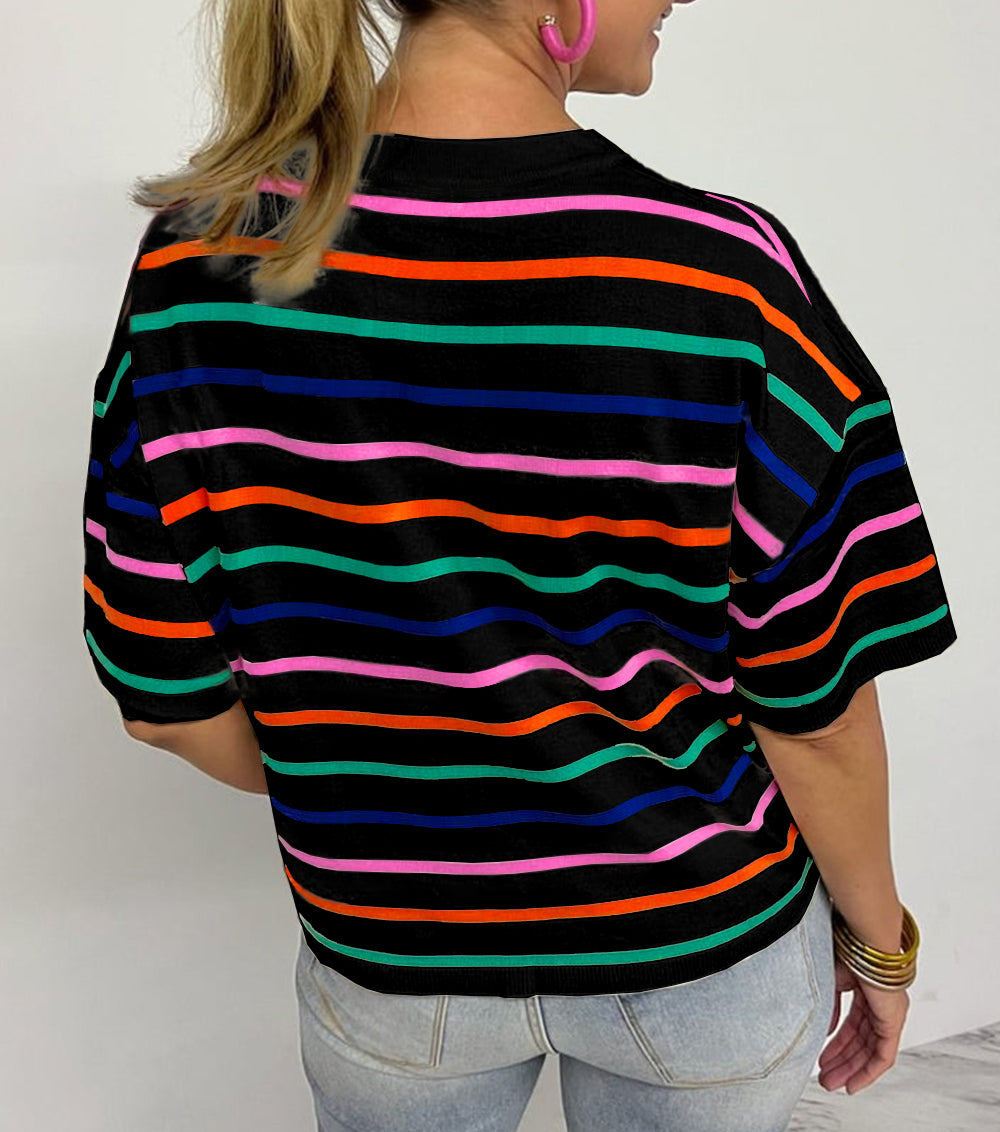 Stripe Dropped Short Sleeve Boxy Fit Knitted Top