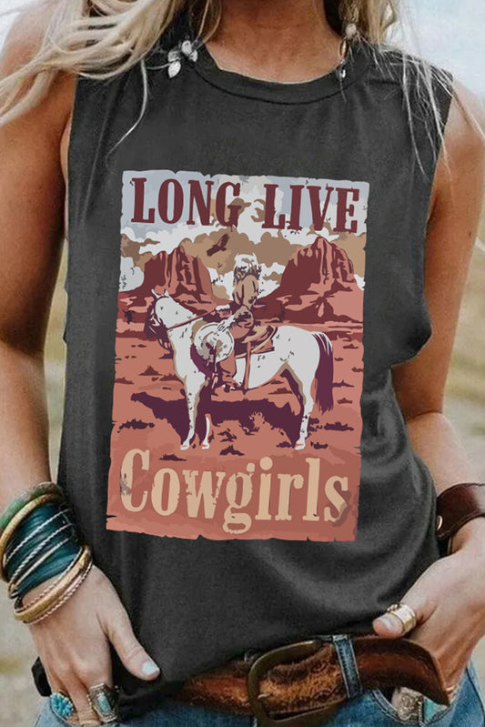 LONG LIVE Cowgirls Western Print Crew Neck Tank Top