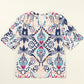 Abstract Printed Notched V Neck Split Half Sleeve Blouse