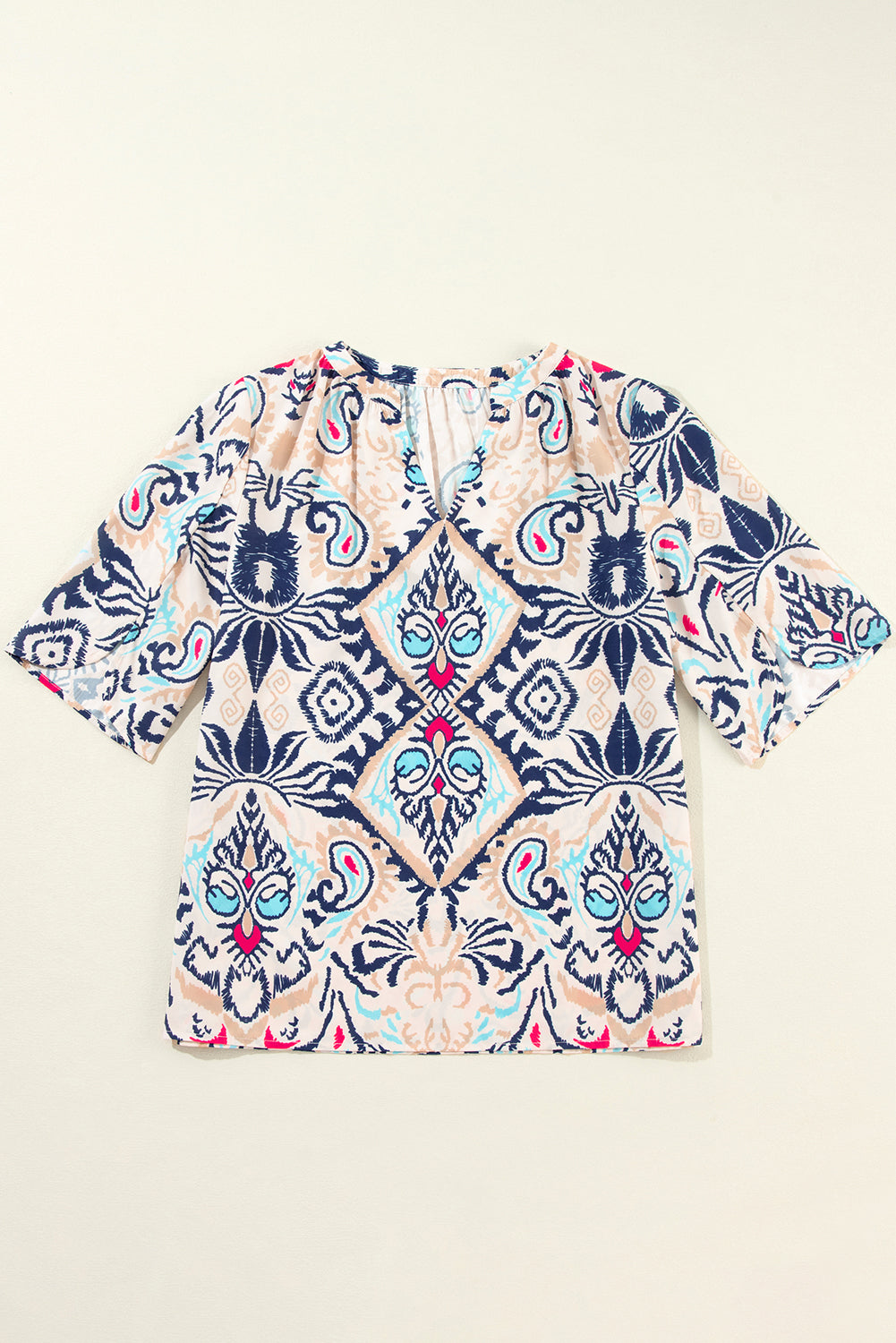 Abstract Printed Notched V Neck Split Half Sleeve Blouse