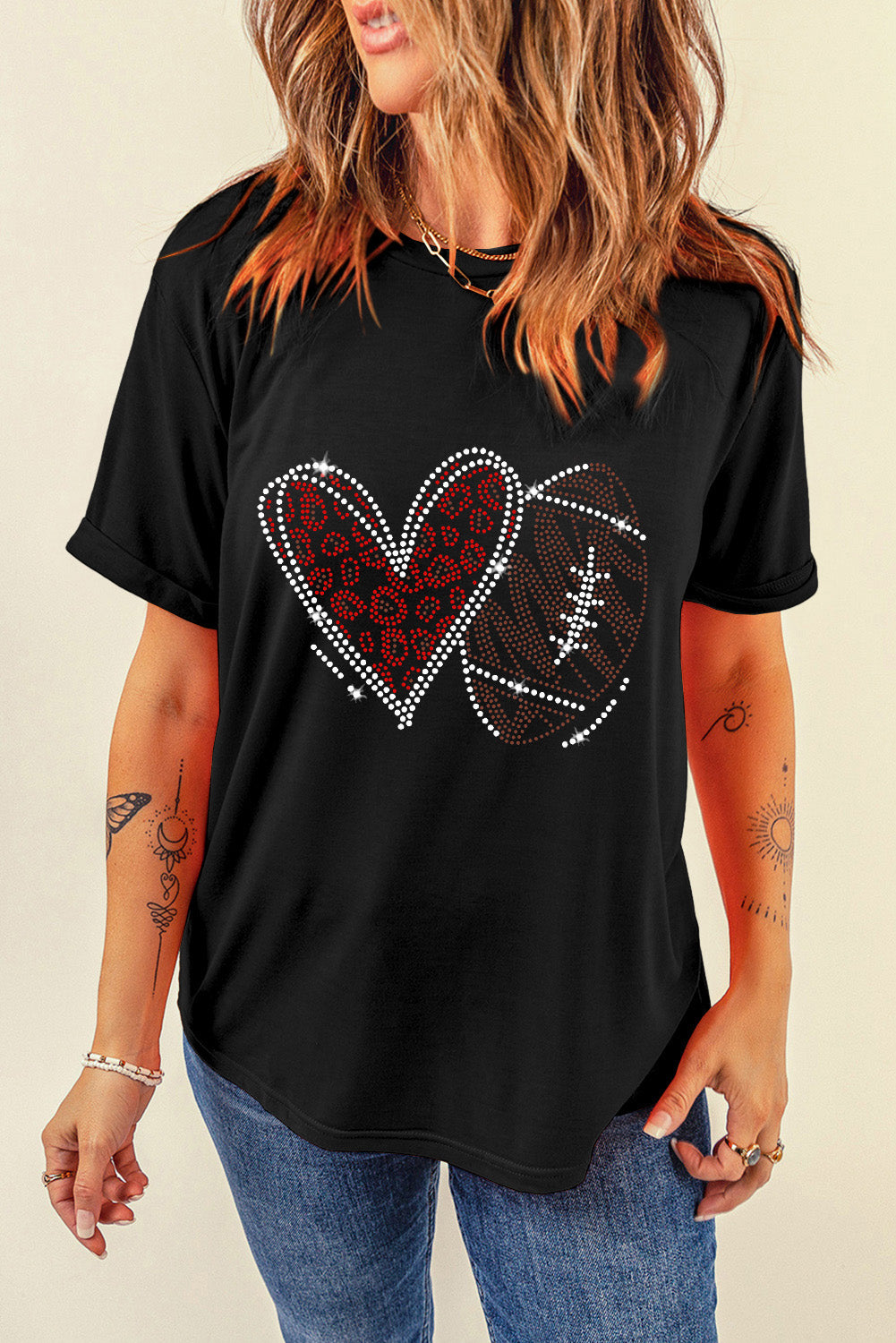 Rhinestone Rugby Heart Shape Graphic Crewneck T Shirt