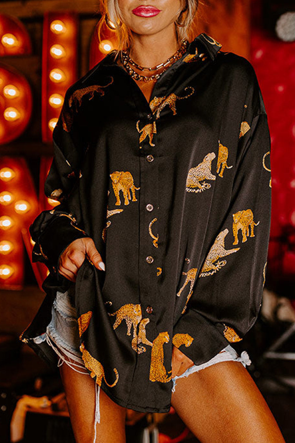 Cheetah Animal Print Button Up Satin Shirt