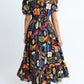 Retro Floral Printed Split Neck Maxi Dress