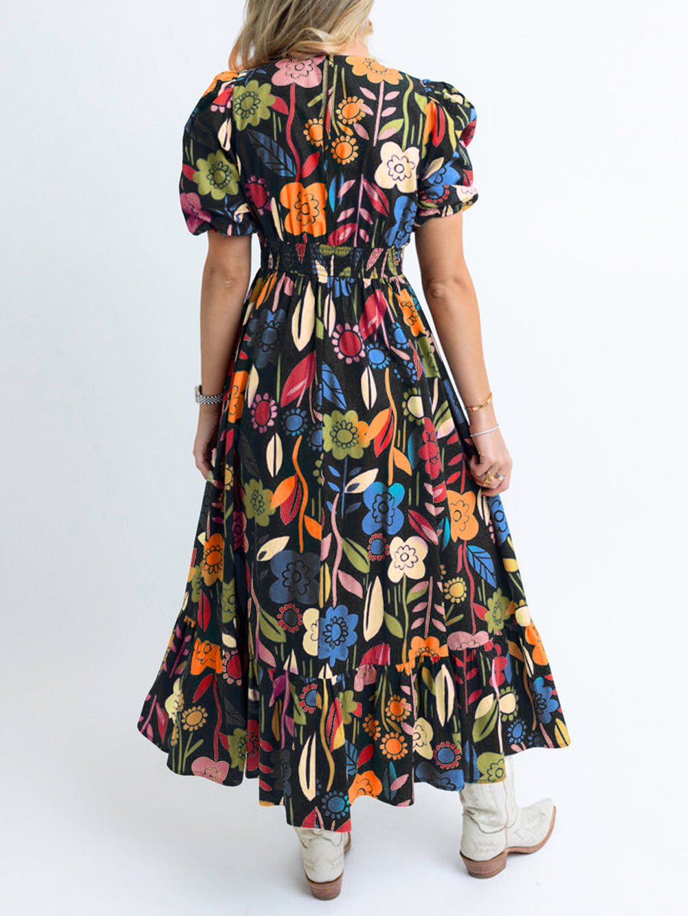 Retro Floral Printed Split Neck Maxi Dress