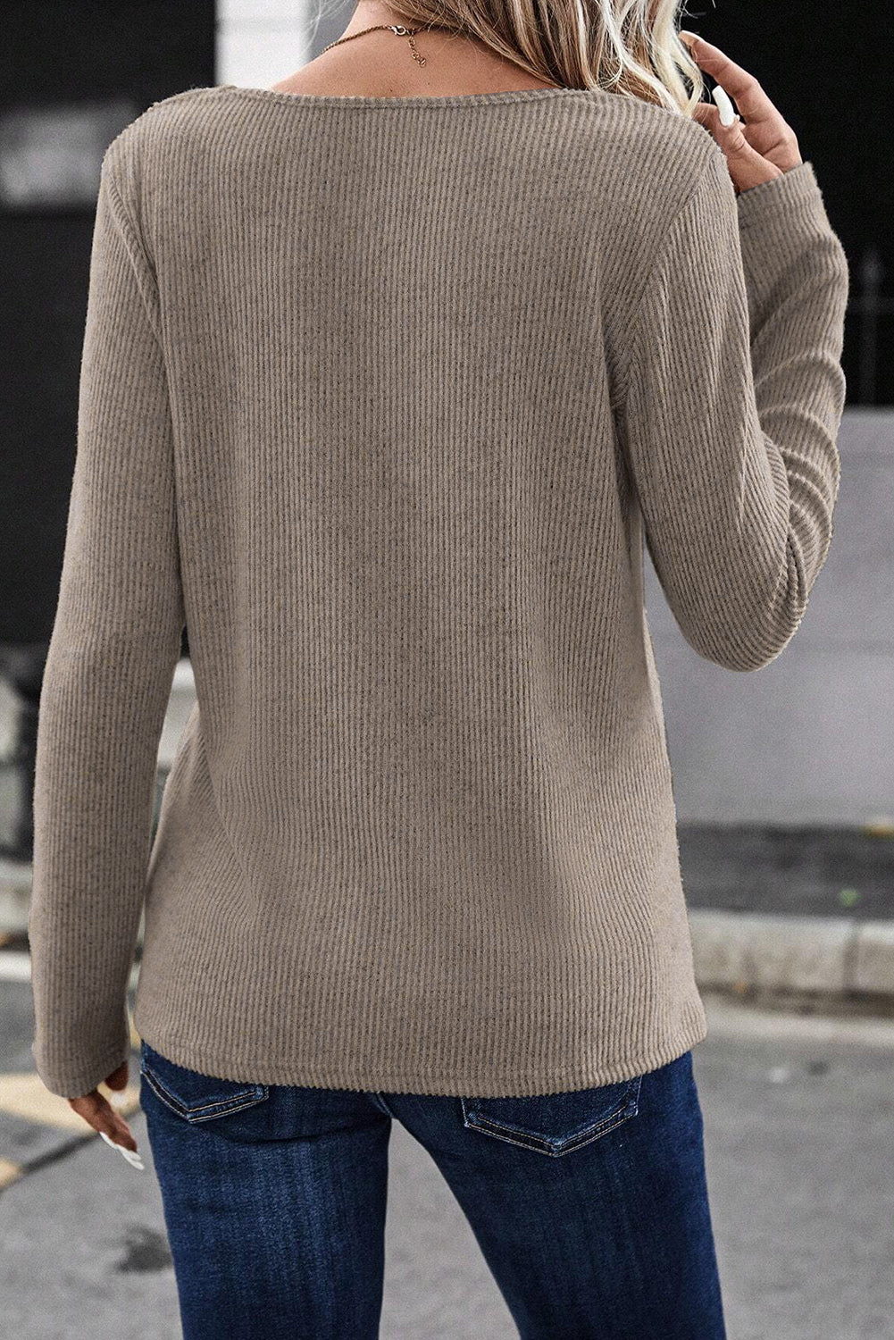 Buttoned V Neck Ribbed Knit Top