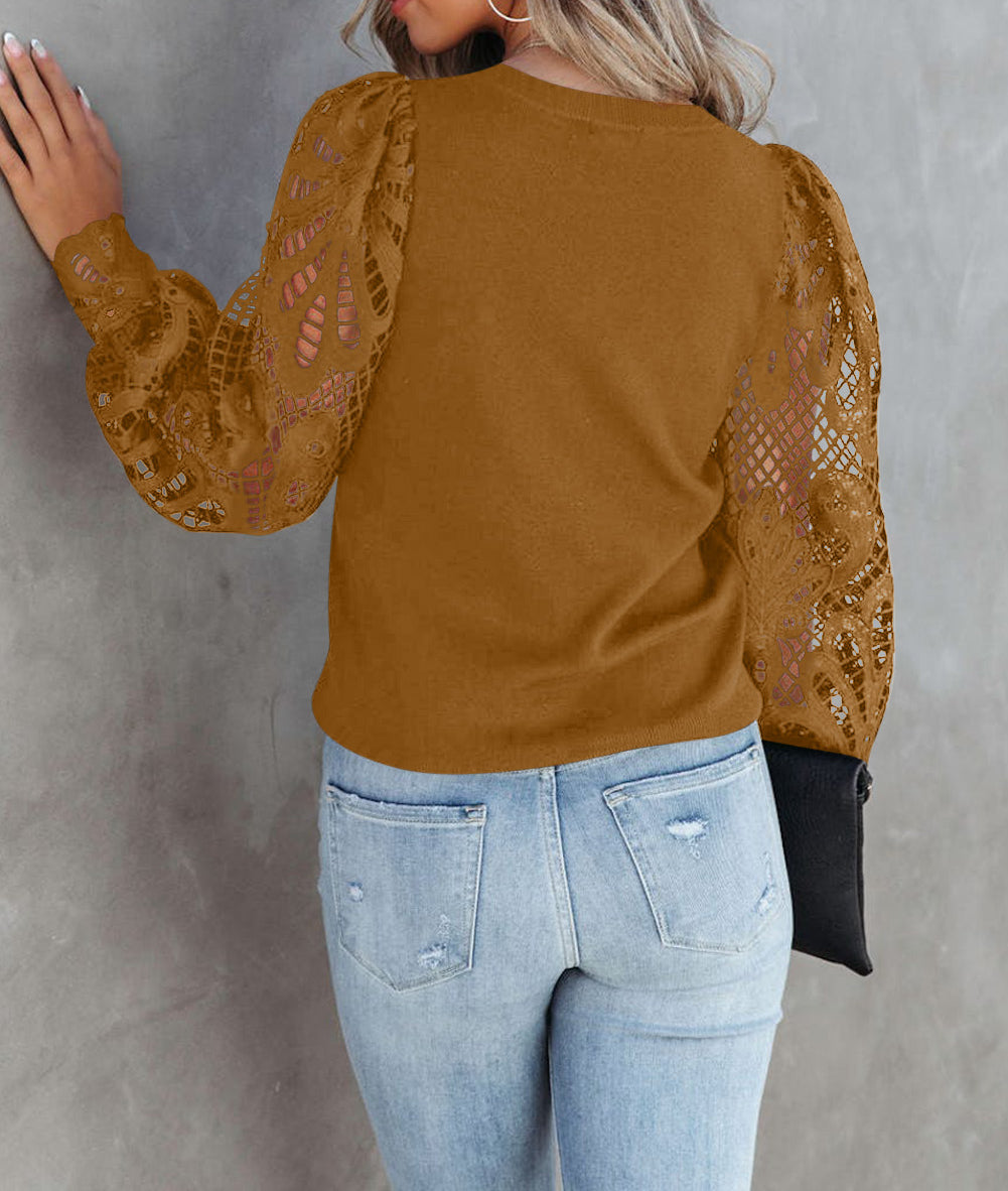 Crochet Sleeve Crew Neck Blouse