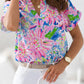 Abstract Floral Print Notch V Neck Rolled Short Sleeve Blouse