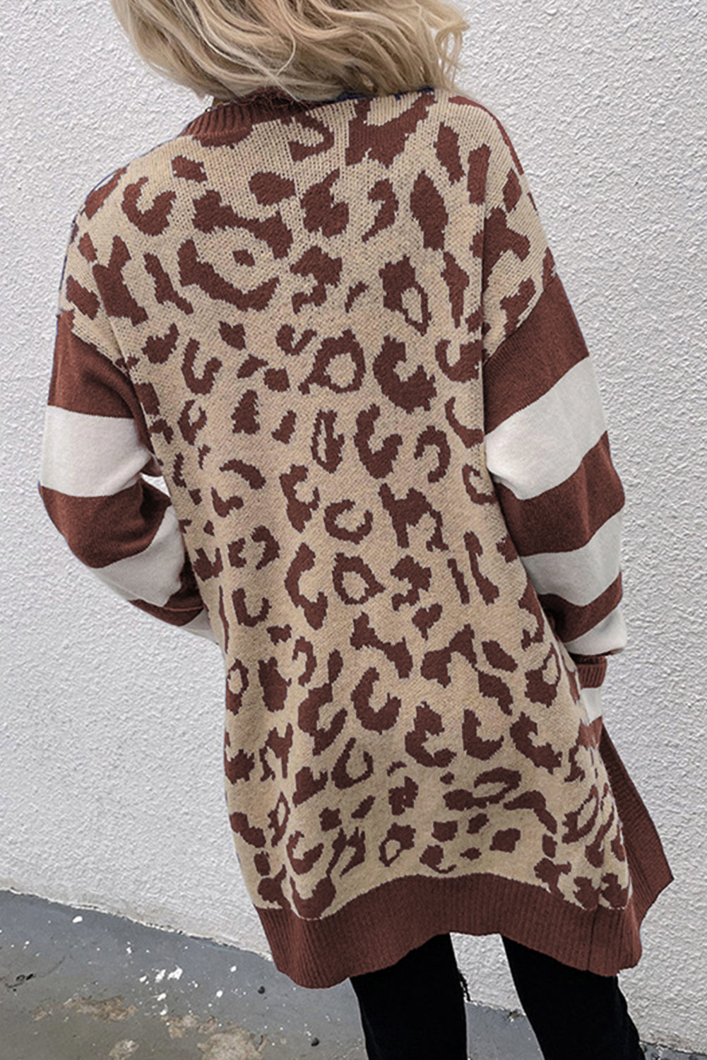 Stripe Sleeve Leopard Print Open Front Cardigan With Pockets