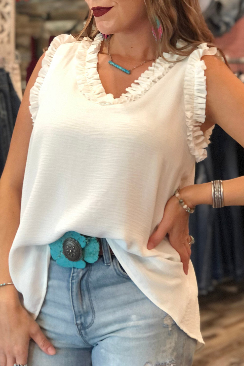 Frilled Trim V Neck Tank Top