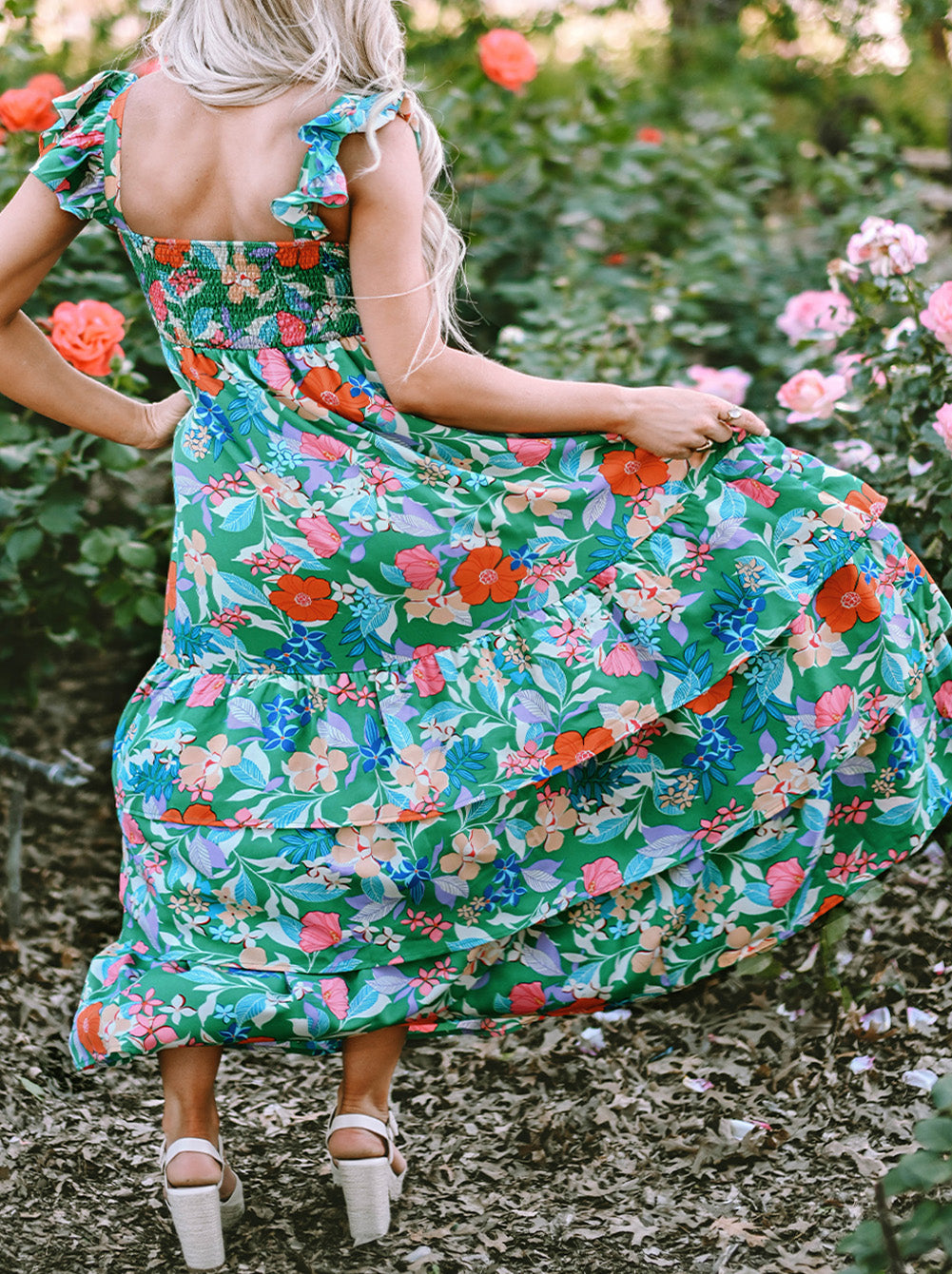Plus Size Floral Smocked Back Tiered Maxi Dress
