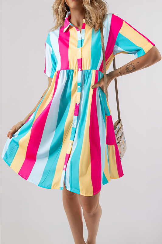 Stripe Colorblock Short Sleeve Mini Shirt Dress