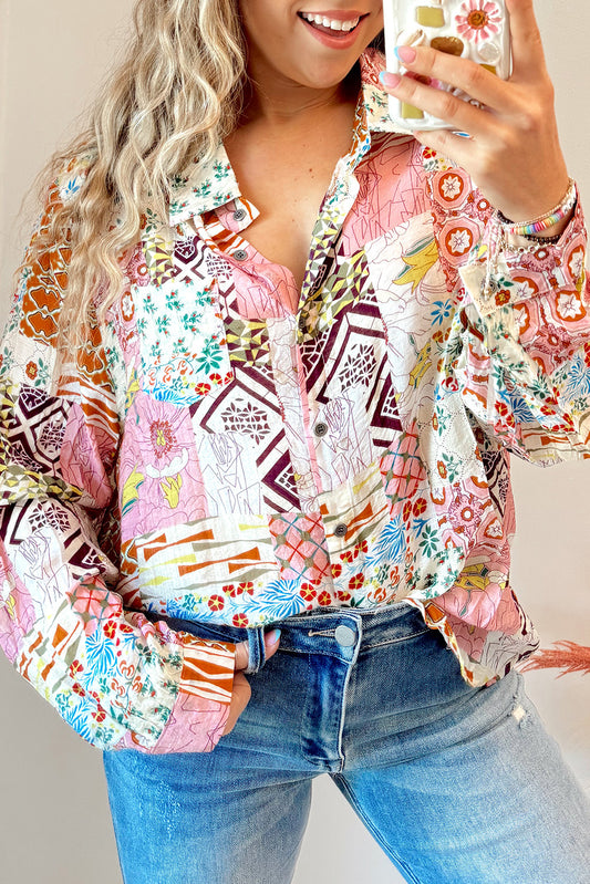 Abstract Colorful Printed Button Down Shirt