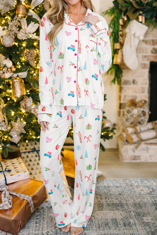 Christmas Print Lapel Shirt and Pants Sleepwear