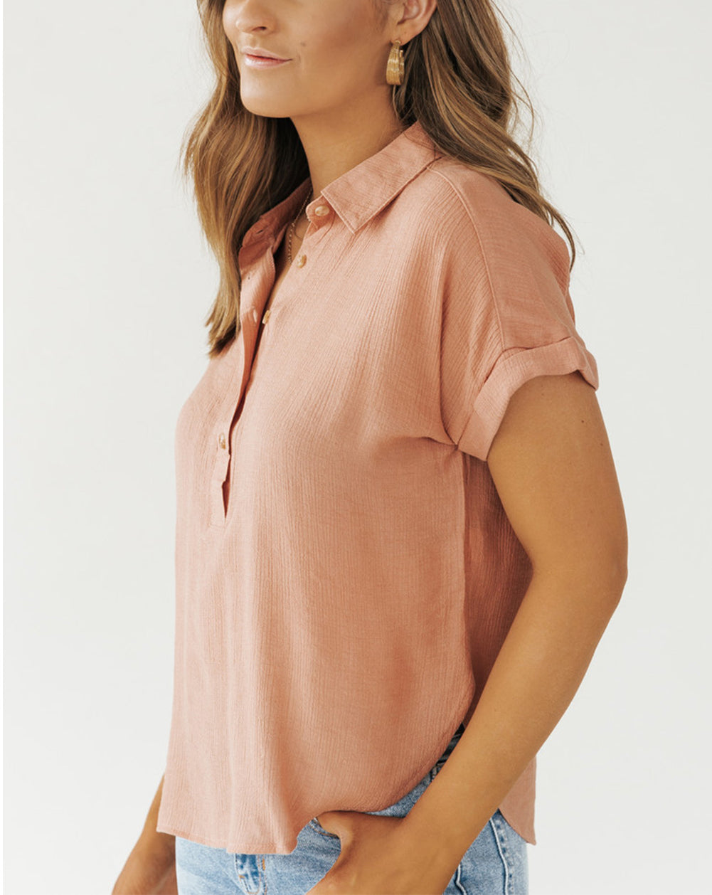 Crinkle Roll Short Sleeve Henley Button Blouse