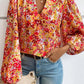Frilled Split Neck Bubble Sleeve Floral Blouse