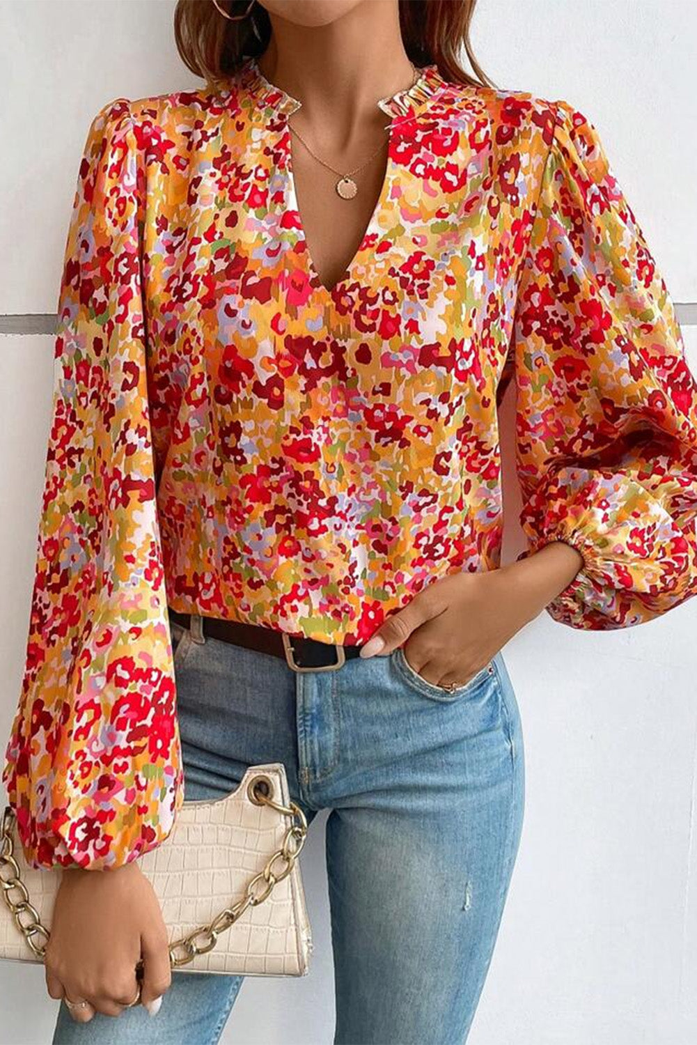 Frilled Split Neck Bubble Sleeve Floral Blouse