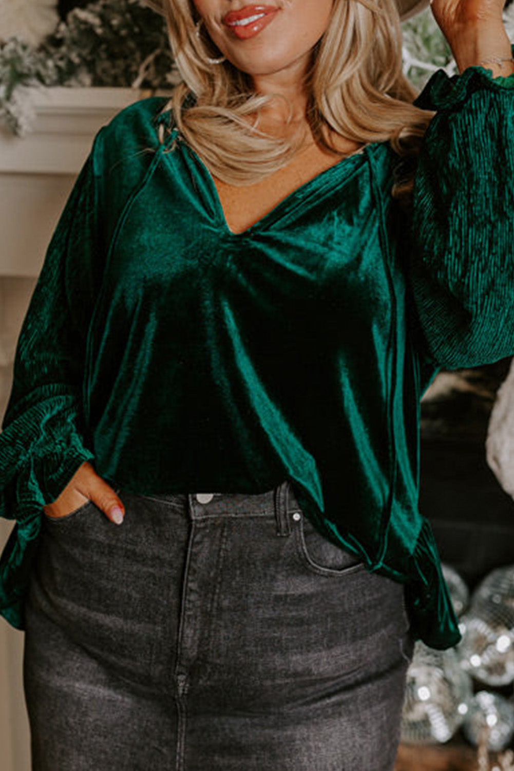 Plus Size Ruffled Sleeve V Neck Velvet Blouse