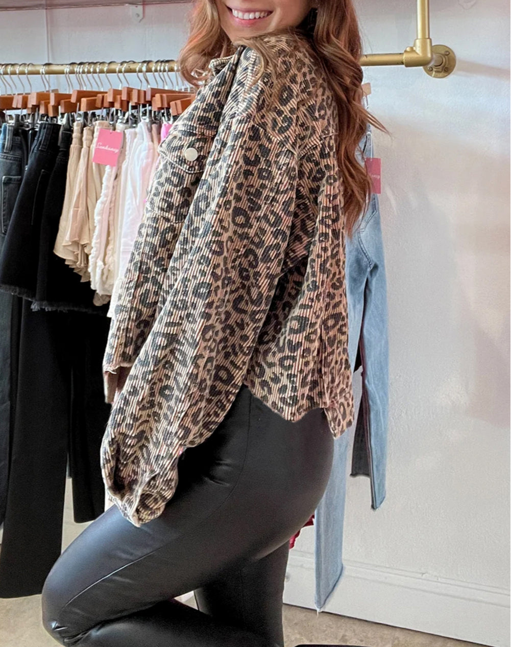 Leopard Print Corduroy Irregular Hem Buttoned Jacket