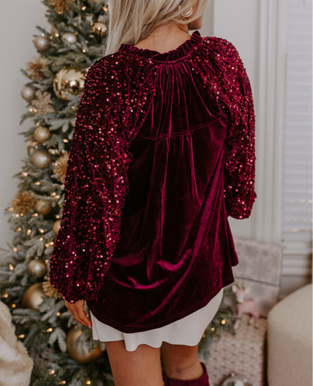 Sequin Patchwork Sleeve Button Up Velvet Top