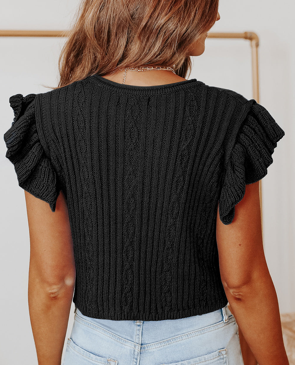 Ruffle Sleeve Cable Knit Sweater