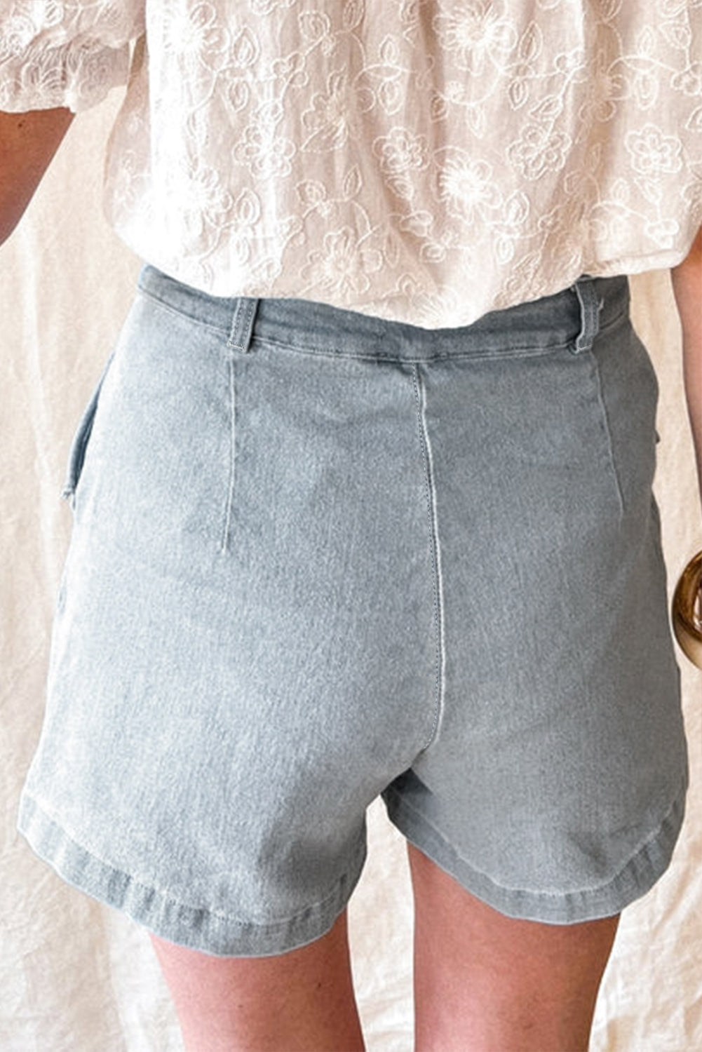 Ruffled High Waist Flap Pockets Denim Shorts
