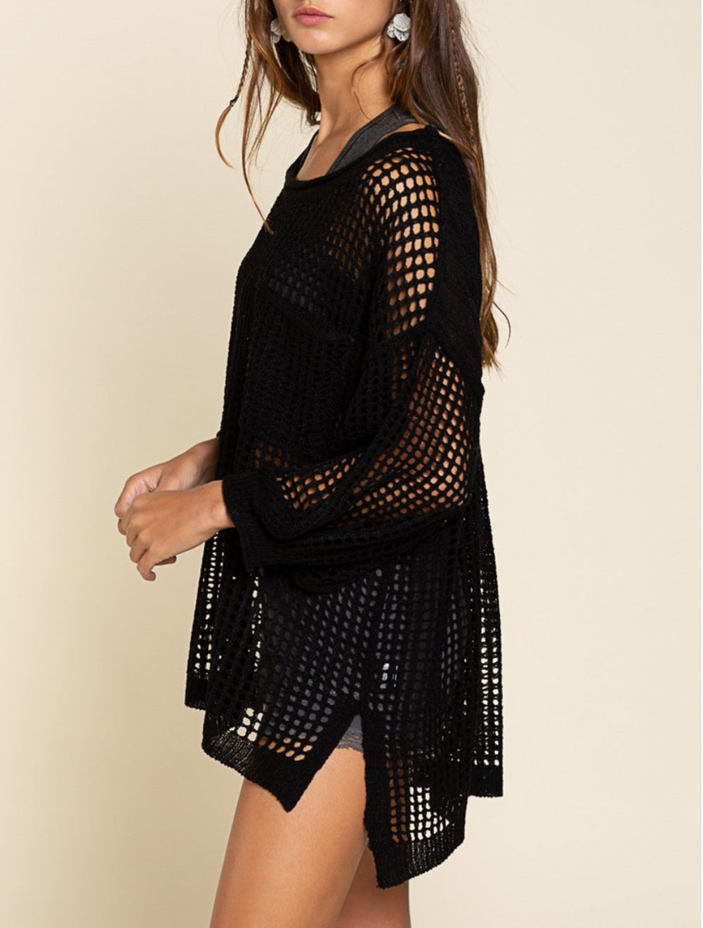 Fishnet Hollow-out Long Sleeve Beach Cover up