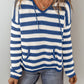 Stripe V Neck Pocketed Drawstring Hooded Sweater