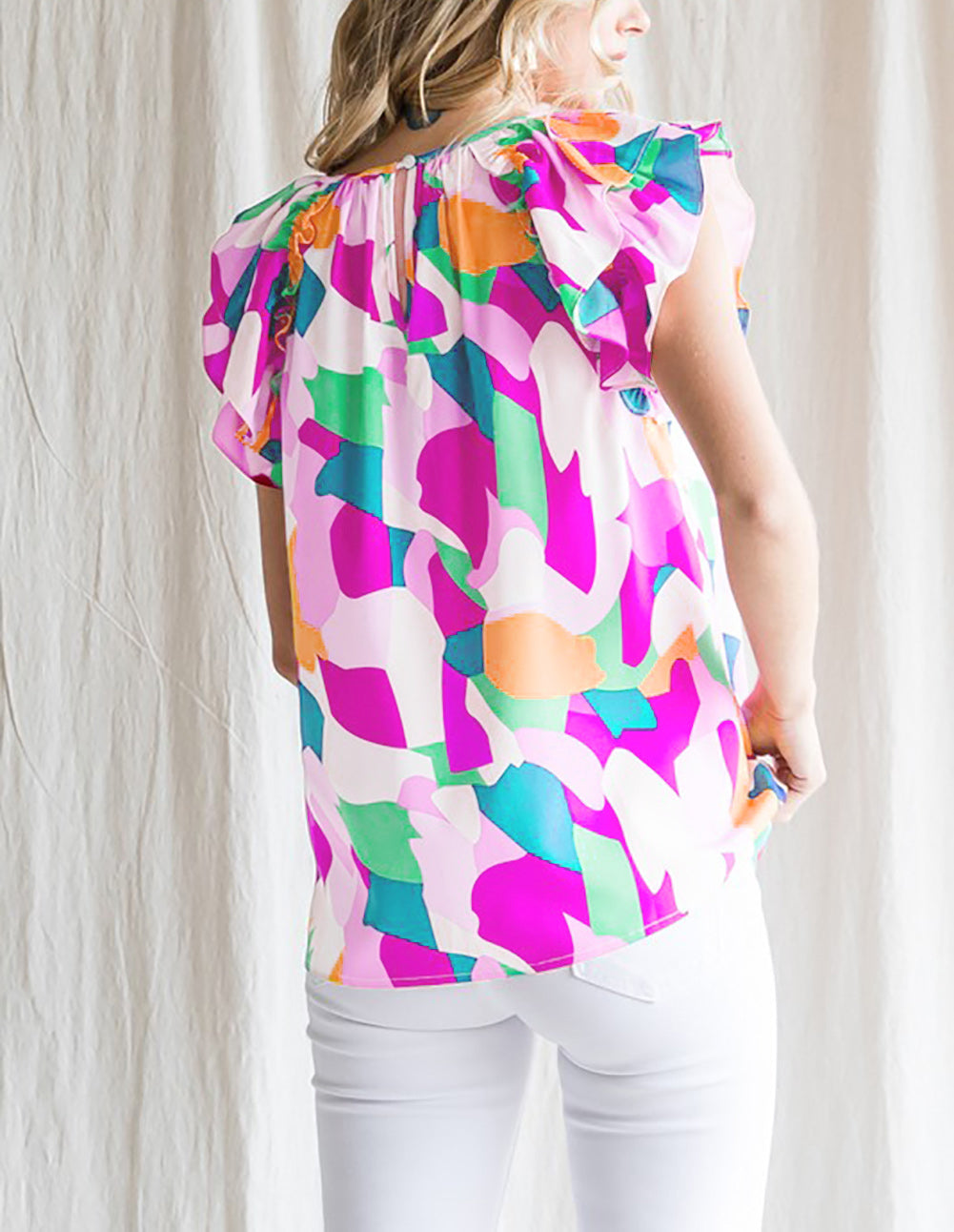 Abstract Pattern Ruffle Short Sleeves Blouse