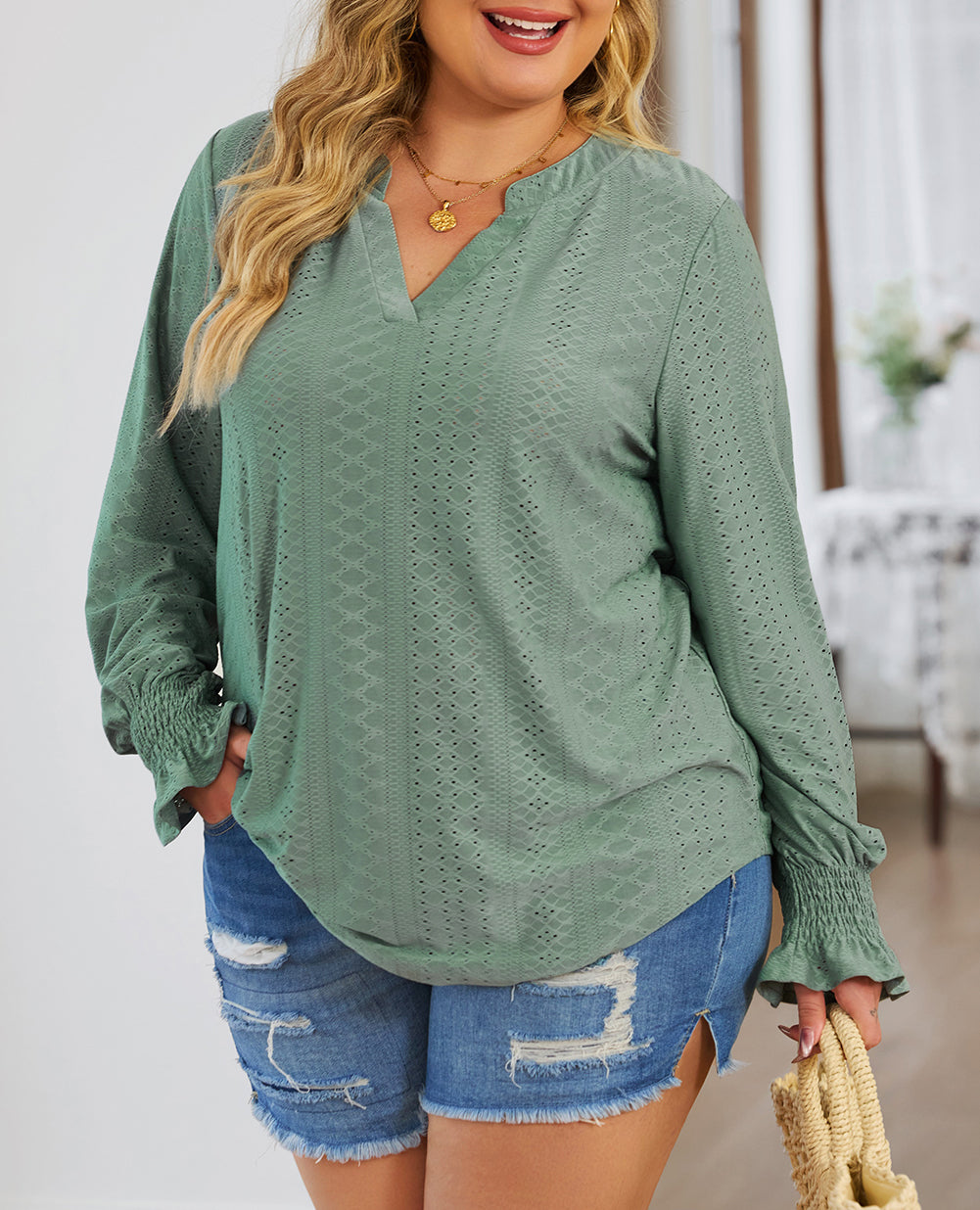 Split Neck Flounce Sleeve Plus Size Blouse