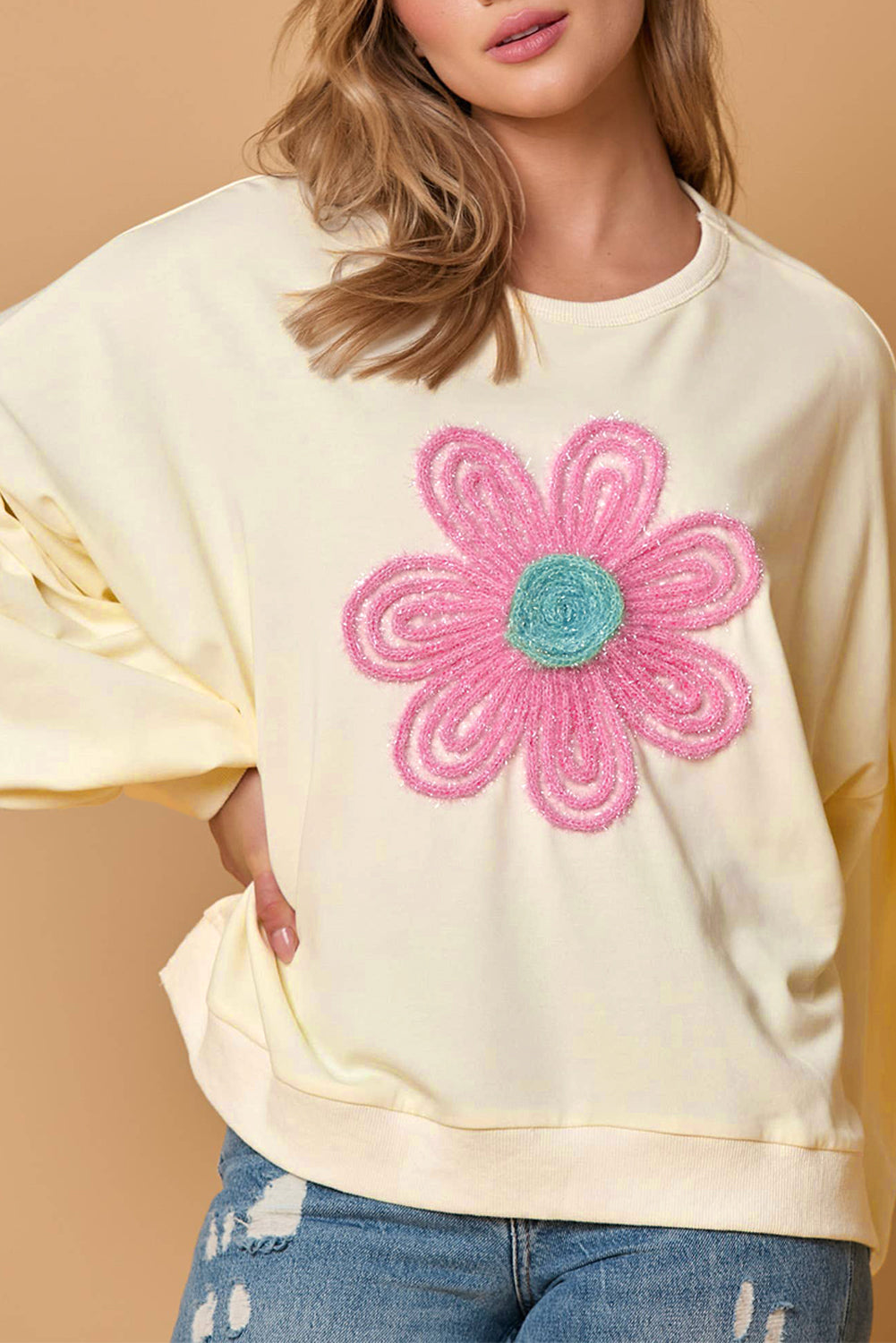 Tinsel Flower Dropped Puff Sleeve Sweatshirt