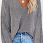 Waffle Knit V Neck Long Sleeve Loose Tunic Top