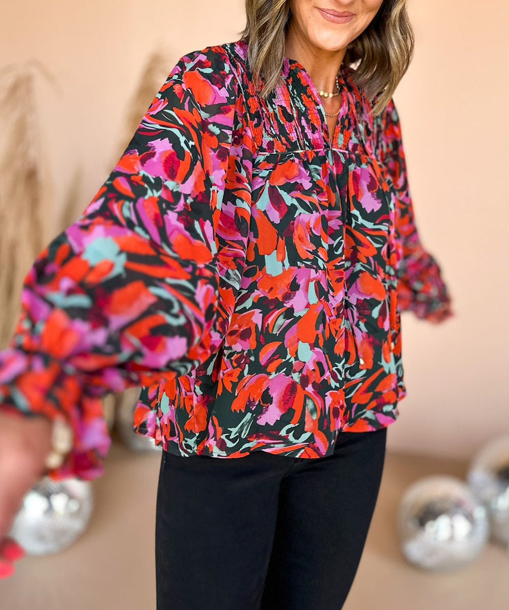 Floral Shirred Detail Puff Sleeve Blouse