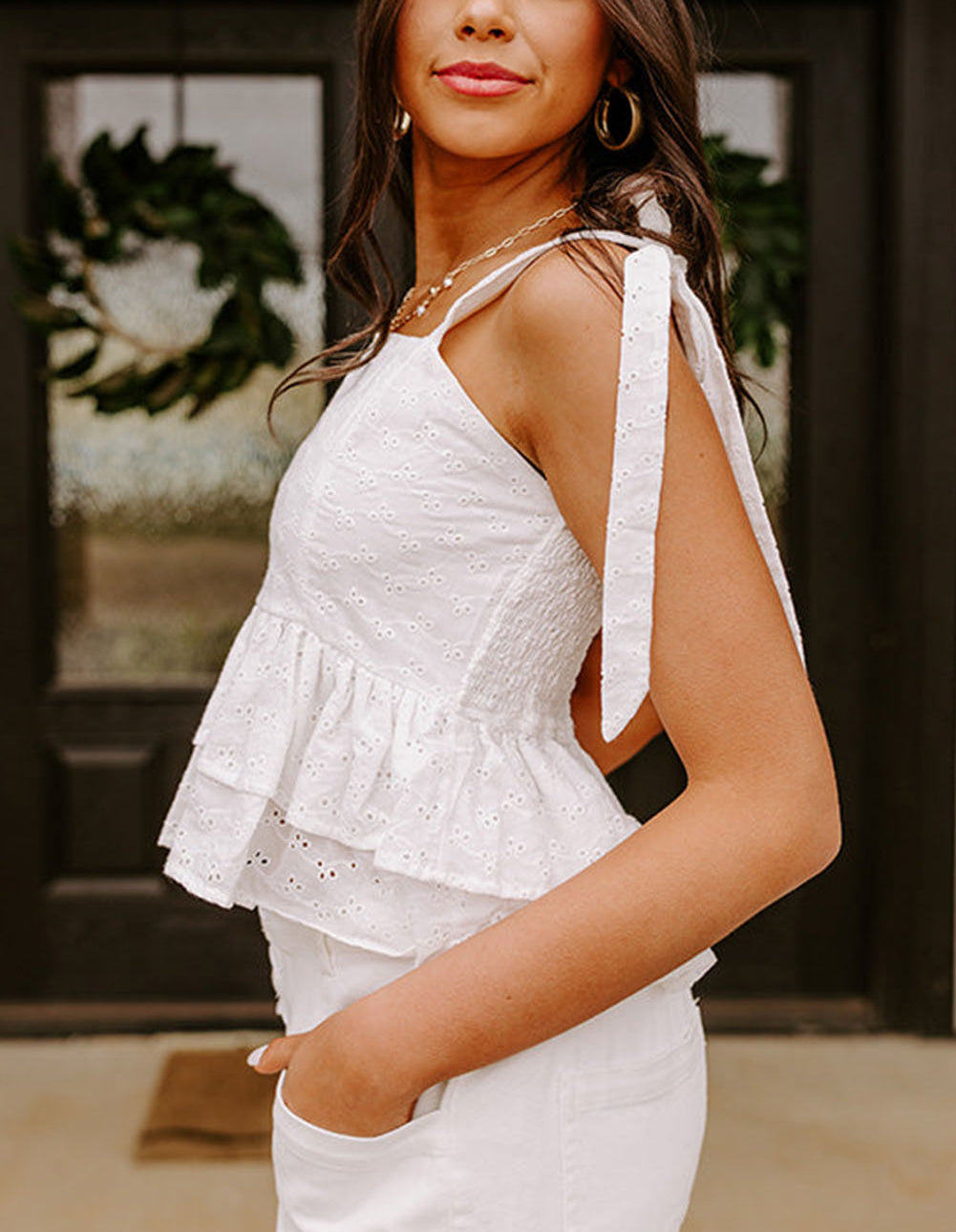 Eyelet Pattern Tied Shoulder Peplum Tank Top