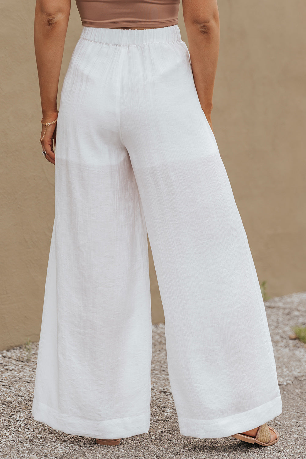 Solid Color Elastic Waist Pleated Wide Leg Pants