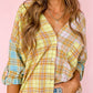 Mixed Plaid Long Sleeve V Neck Buttoned Shirt