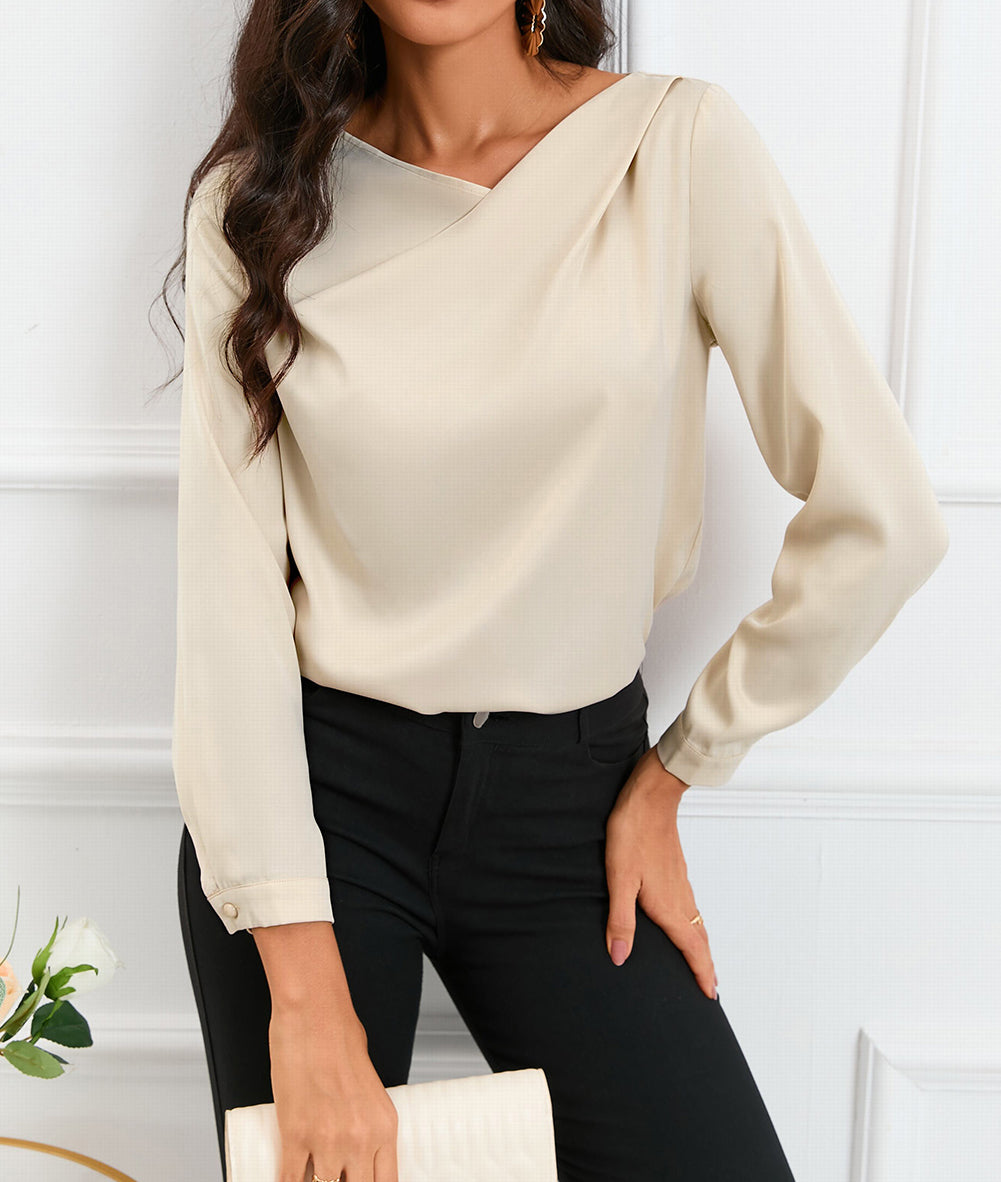 Solid Asymmetric V Neck Long Sleeve Satin Blouse