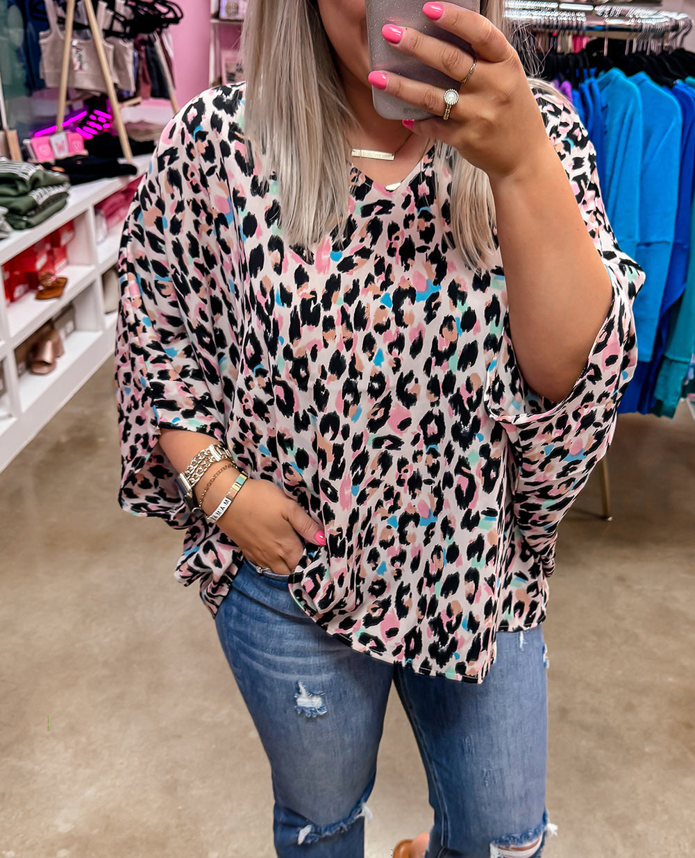 Leopard Print V Neck Batwing Sleeve Plus Size Top