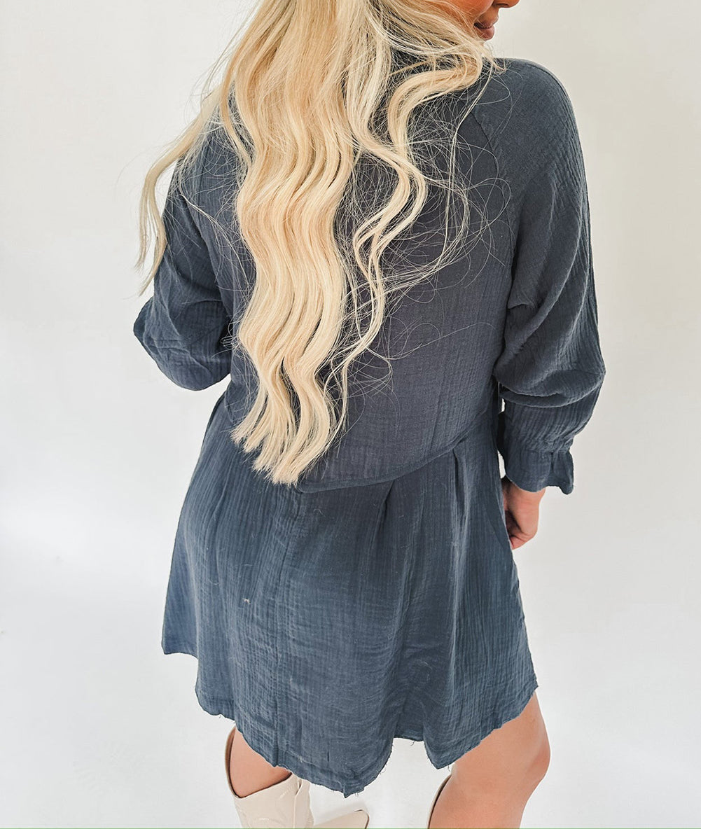 3/4 Ruffled Sleeve Buttoned Crinkled Shirt Dress