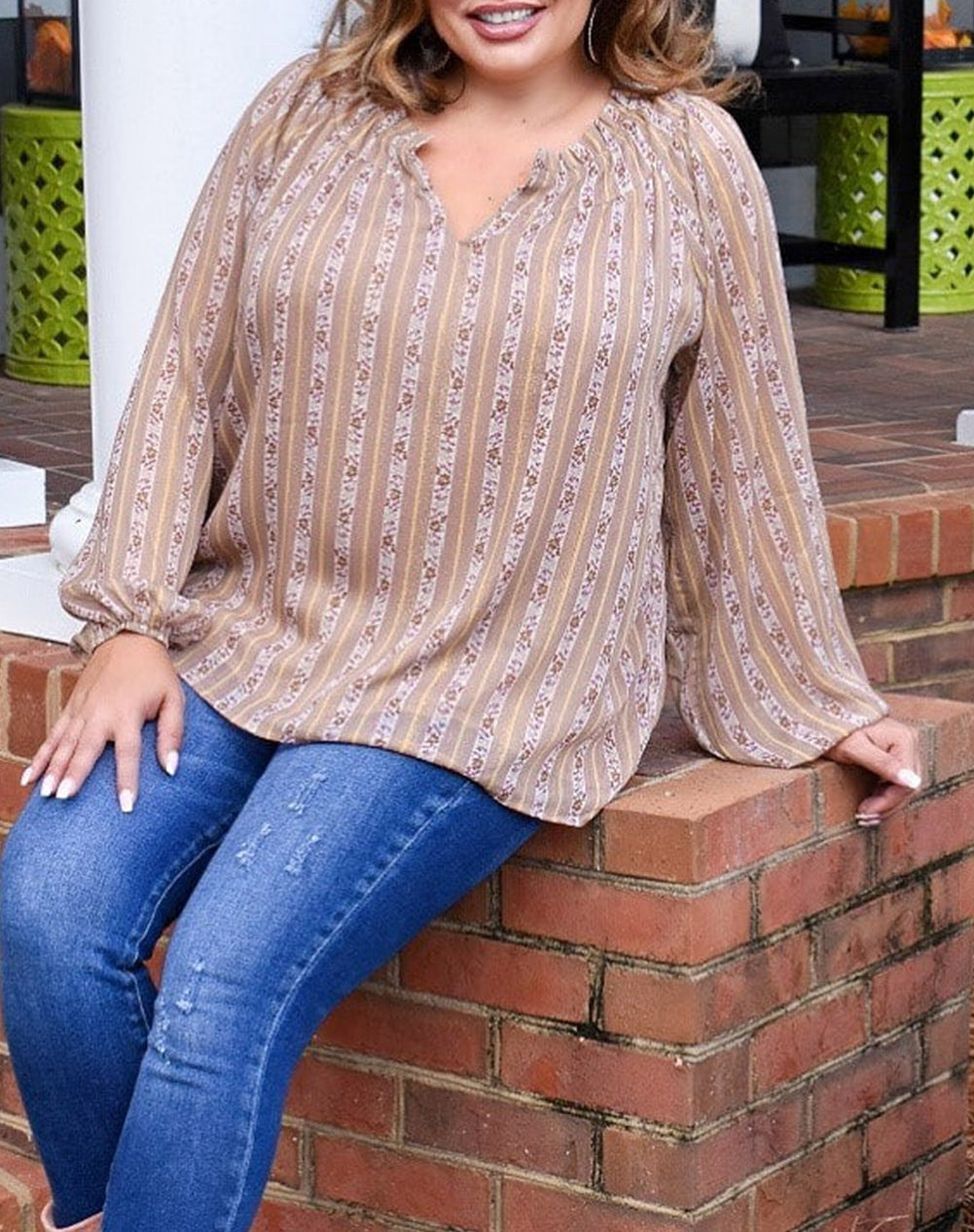 Pink Plus Size Printed Split Neck Blouse