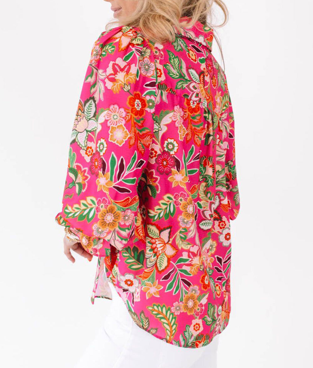 Floral Print Smocked Cuff Puff Sleeve Shirt