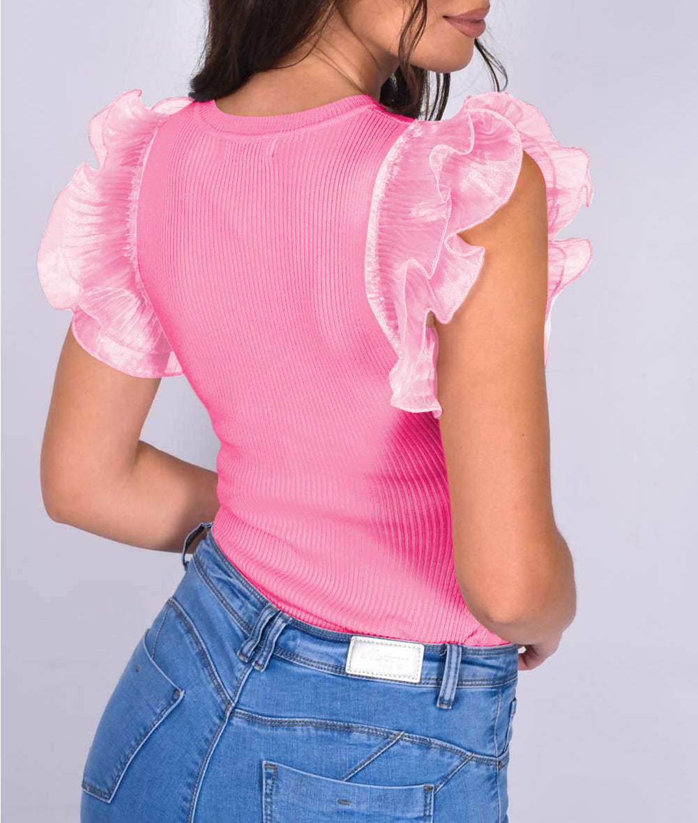 Ruffled Pleated Mesh Sleeve Ribbed Knit Slim Fit T Shirt