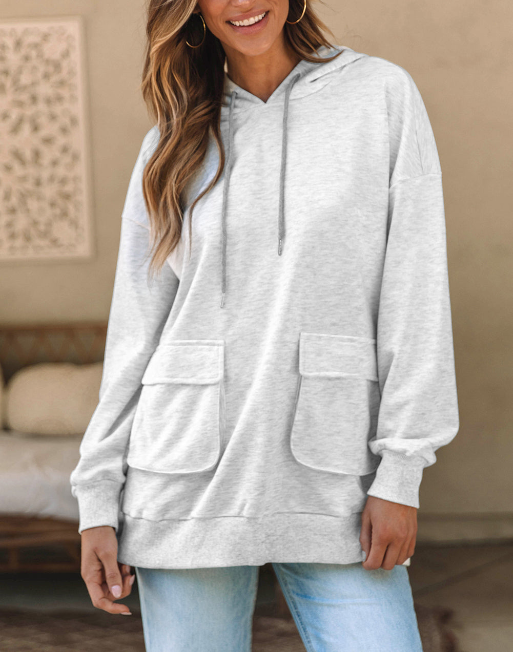 Double Flap Pocket Drawstring Hoodie