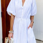 Puff Sleeve Drawstring Shirt Dress with Pockets