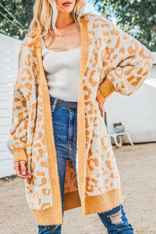 Knit Leopard Print Open Front Tunic Cardigan