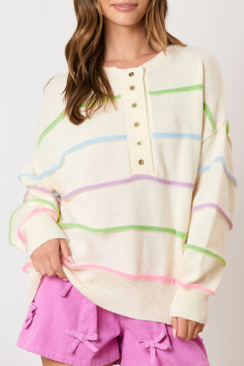 Rainbow Stripes Drop Shoulder Baggy Henley Sweater