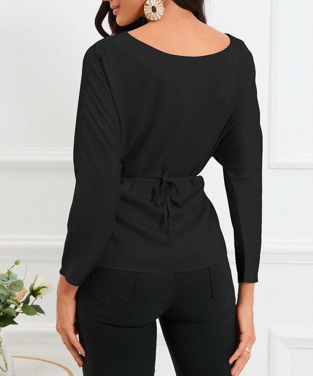 Lace-up Wrapped Split Hem Solid Long Sleeve Top