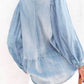 Balloon Sleeve Slit V-Neck Denim Top