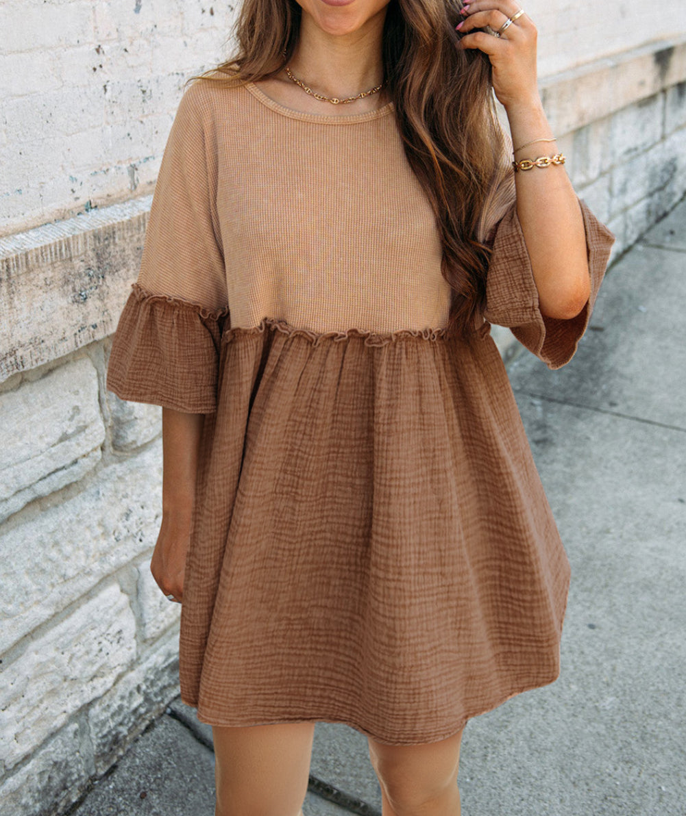 Waffle Crinkle Patchwork Frilled Flare Dress